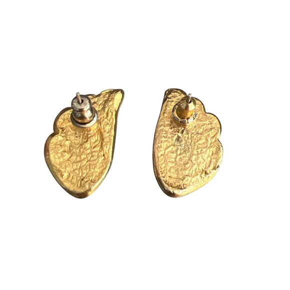 Vintage Gold Tone Fan Design Stud Earrings Cream Enamel Pierced Estate 1" 9.07g - Picture 3 of 5